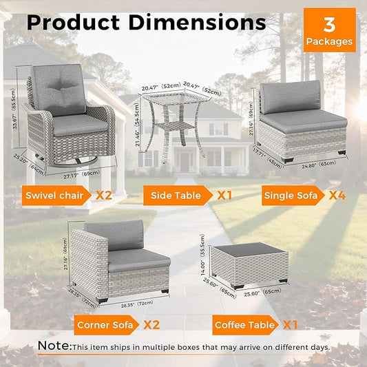 8-Seat Modern Patio Furniture Set with Swivel Rocking Chairs, Thick 4″ Cushions, Dual-Strand Wicker Rattan, Rust-Resistant Steel Frame – Outdoor Conversation & Modular Sectional,Gray