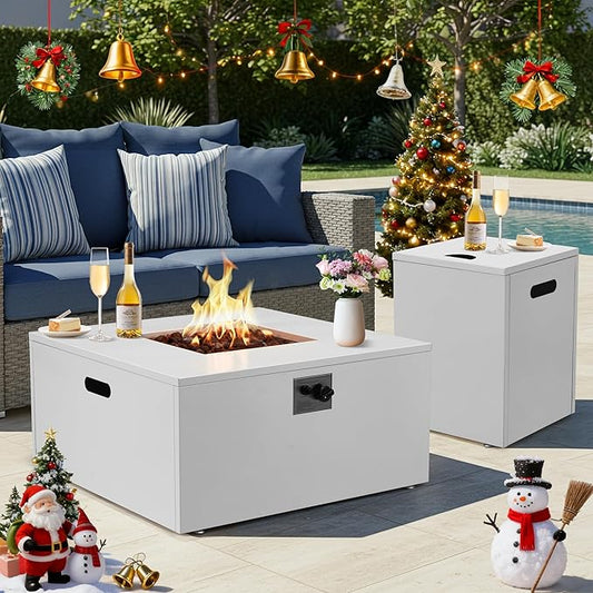 ECOTOUGE 2 Piece 32" Square Propane Fire Pit Table wirh Tank Holder, 50,000 BTU Outdoor Gas Fire Pit with Lid, Steel Fireplace w/Weather Cover, Lava Rocks for Patio, CSA Certified, White