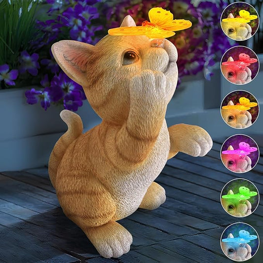 PaLuQiYa Solar Garden Statue Cat Figurine,Resin Cat Statue Playing Butterfly,Outdoor Decoration for Patio,Balcony,Yard, Lawn-Unique Housewarming Gift for Garden Mom Grandma