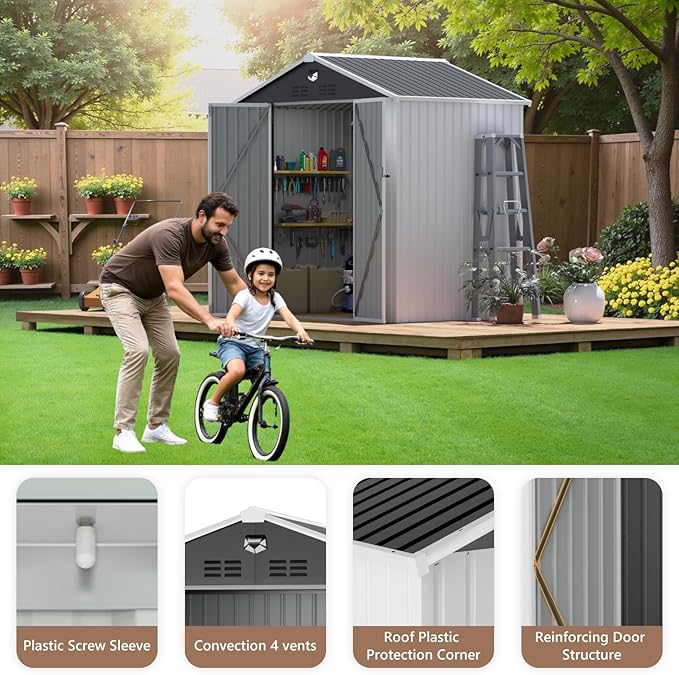 8X6 FT Outdoor Storage Shed, Metal Garden Shed - Tool Storage Sheds with Lockable Doors, Waterproof Outside Storage Building for Backyard, Patio (White; Floor Not Included)
