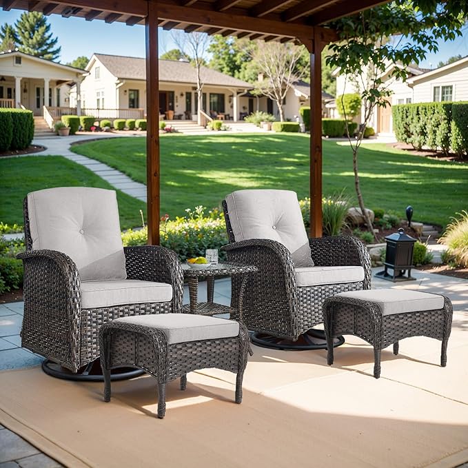 Belord Small Conversation Sets Patio Funiture - 5 Piece Outdoor Swivel Rocker Wicker Furniture Sets with Ottomans Side Table Perfect for Patio Deck Backyard, Brown Wicker Beige Cushion