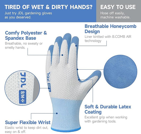 JDL Gardening Gloves for Women, 2 Pairs Breathable Latex Coated Yard Garden Gloves, Rubber Outdoor Protective Work Gloves with Grip, Blue, Small Size