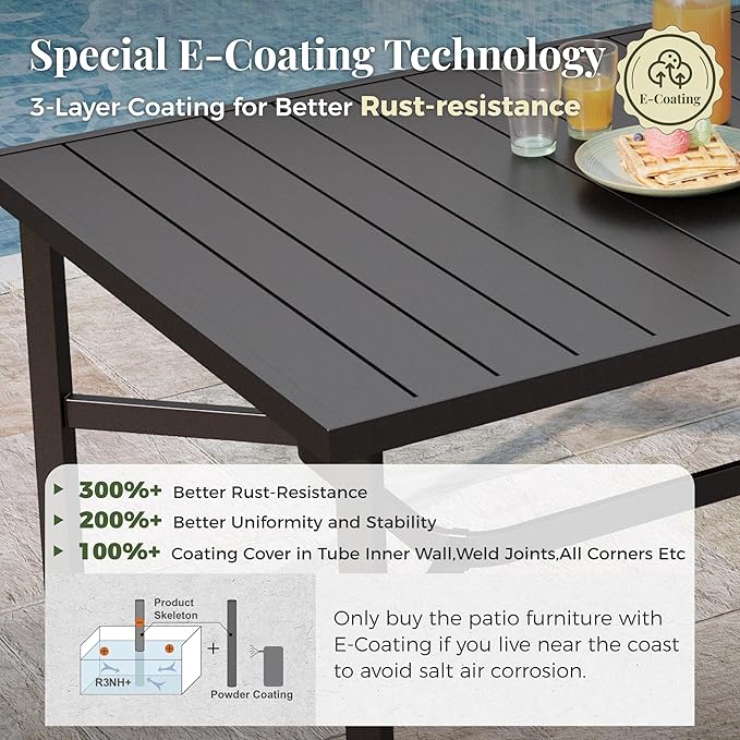 9 Pieces Patio Table and Chairs Set, Patio Dining Set for 8, 8 Brown Textilene Chairs and 1 83” Rectangular Patio Dining Table with Umbrella Hole, for Deck Backyard Lawn Poolside