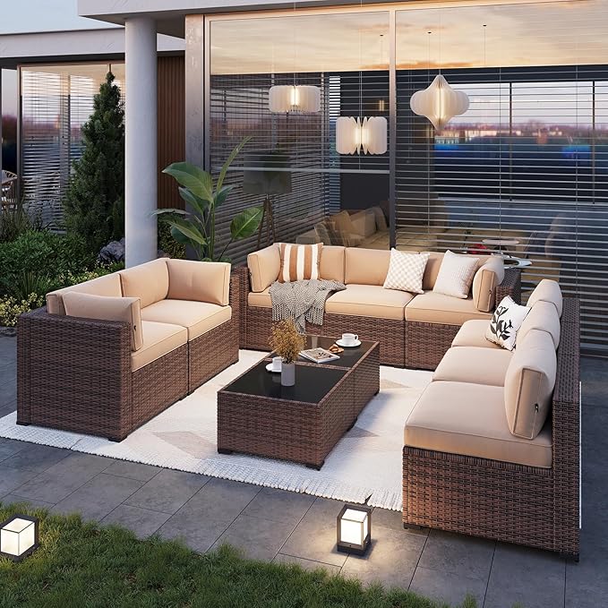 Aoxun Patio Furniture Sets, 10-Piece Outdoor Patio Furniture with Thick Cushions, Wicker Outdoor Conversation Set Sectional Sofa for Backyard, Poolside, Garden