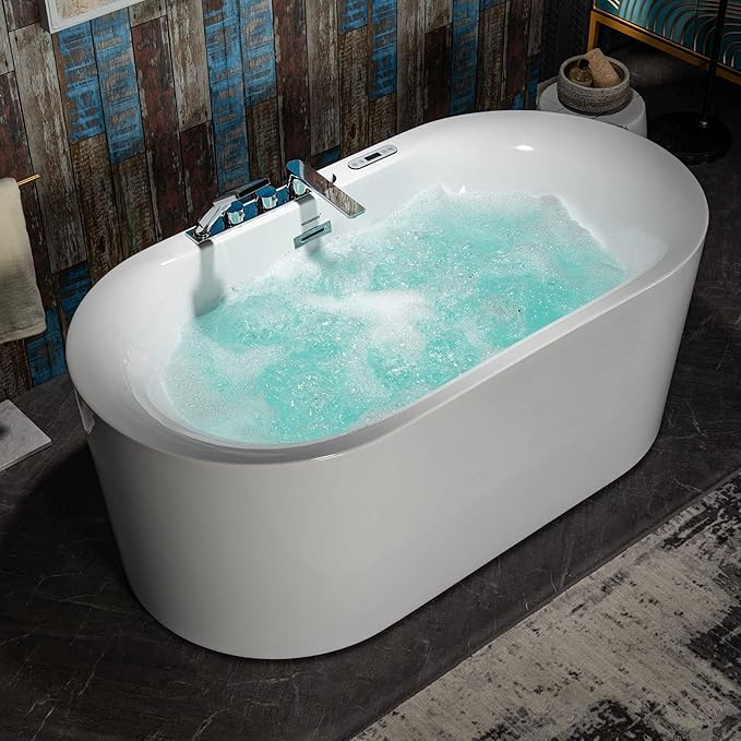 WOODBRIDGE 59" x 31-1/2" Whirlpool Water Jetted and Air Bubble Freestanding Heated Soaking Combination Bathtub with Faucet,BJ-100+F0041