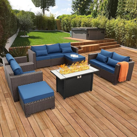 7 PCS Patio Furniture Set Outdoor Patio Furniture with Propane Fire Pit Table Outdoor Couch Patio Chairs Outdoor Conversation Set with Non-Slip Cushions Waterproof Covers, Navy Blue
