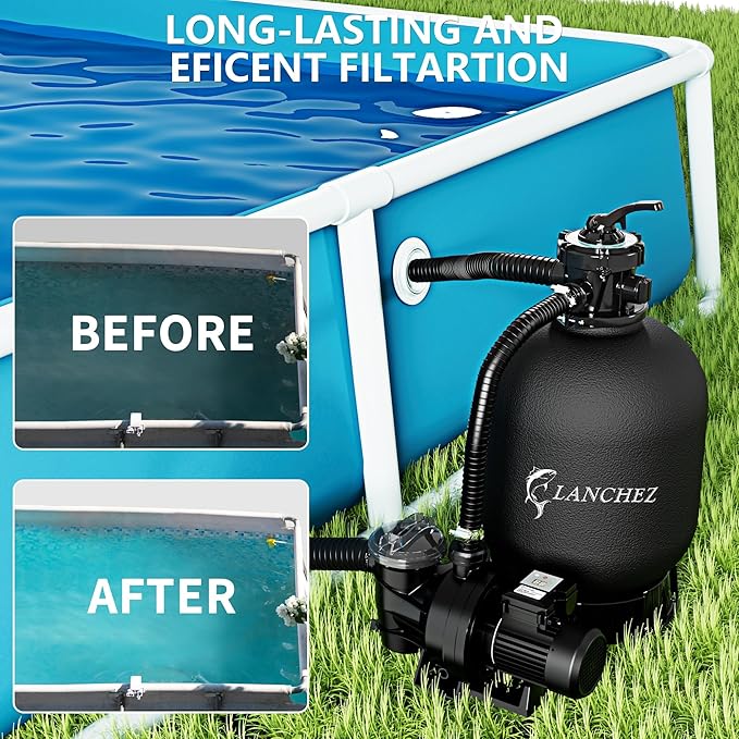 LANCHEZ 18" Sand Filter Pump for Above Ground Pool with Timer, 1.5 HP Pool Pump, Max 4900 GPH for Pools Up to 20,000 GAL, 6-Way Valve Pool Sand Filter System