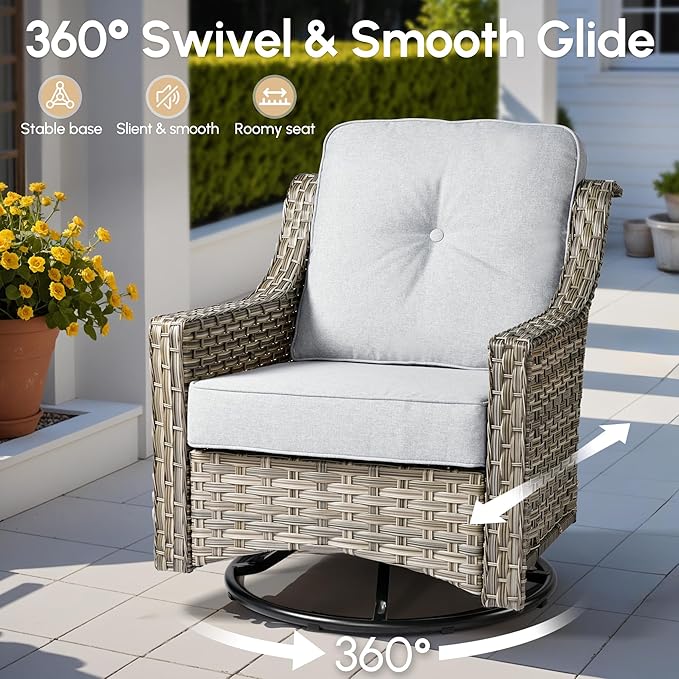 5 Pieces Patio Outdoor Furniture Set with Swivel Rocking Chairs,All Weather Wicker Rattan Patio Seating Sofa and Chair Set w/Glowing Table,Outdoor Conversation Sets for Deck Yard Garden,Grey