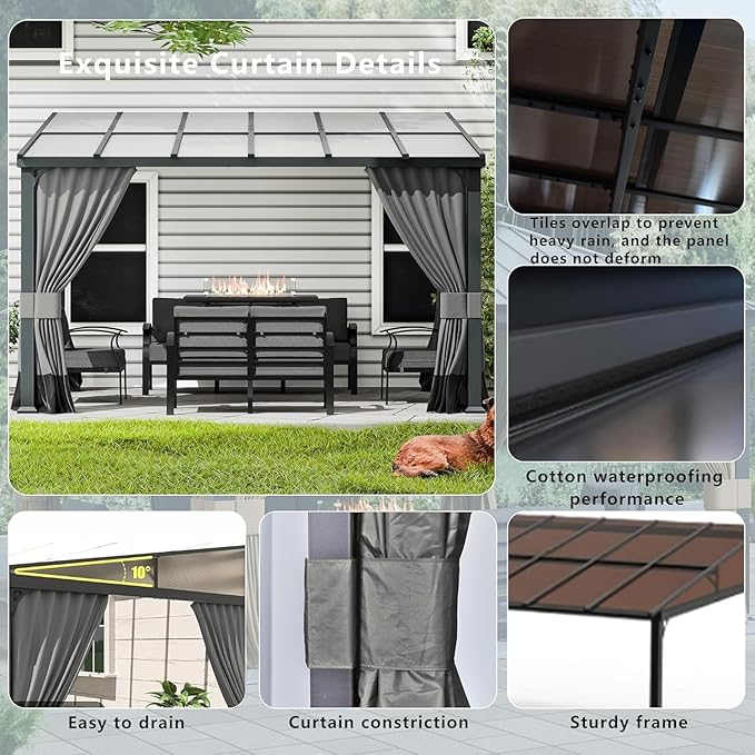 ASJMR 10x28FT Wall Mounted Gazebo Hardtop,Outdoor Wall-Mounted Patio Pergola Metal Frame Double Curtains Gazebo with Sloping Sun Panel Roof for Patio,Garden,Lawn,Pool,Backyard Deck, Gray