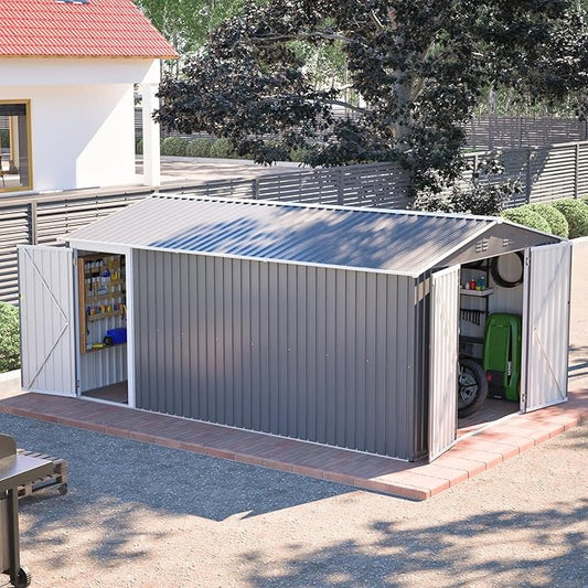 14x10 FT Outdoor Metal Storage Shed with Side Door & Floor Frame, Extra-Large Tool Shed with Lockable Double Doors, Weatherproof Garden Shed for Backyard, Lawn Equipment and Patio Storage