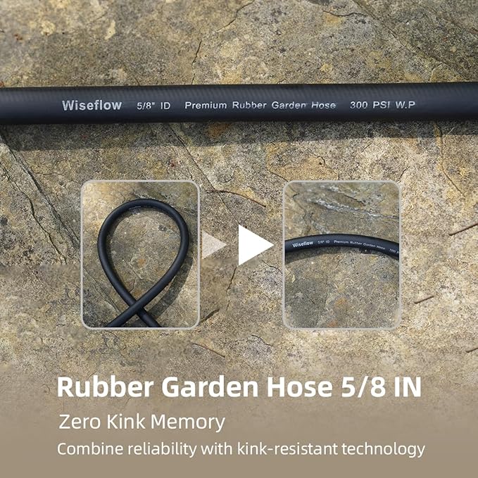 WiseFlow Garden Hose 150FT x 5/8", Heavy Duty Rubber Hose, Water Hose with Five Layered Braiding, Male Female Fittings, 1000PSI Burst, 300PSI Working (Black)