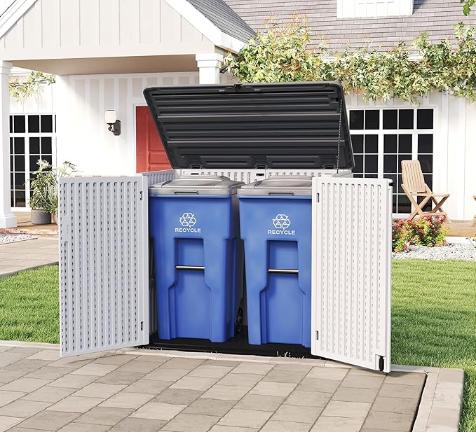 HOMSPARK Storage Shed Weather Resistance, Multi-Purpose Outdoor Storage Cabinet for Backyards and Patios, Horizontal Storage Shed for Lawnmower, Patio Accessories (Off-White, Large - 48 cu.ft)