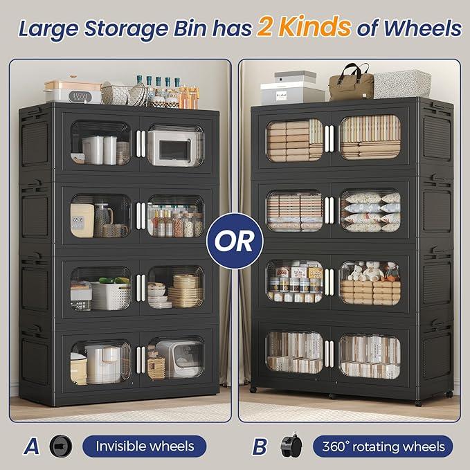600QT Large Stackable Storage Bins with Lid, 150Gal Plastic Collapsible Closet Organizers Drawers Box with Wheels, Folding Cabinet Containers with Doors for Home Kitchen Office, 3Pack Black