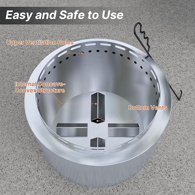Kurapika 19-Inch Smokeless Fire Pit for Outside, Portable Outdoor Smokeless Stove - Wood Burning Stainless Steel Fireplace with Ash Poker & Carry Bag, Low Smoke Firepit for 4-6 People - Silver
