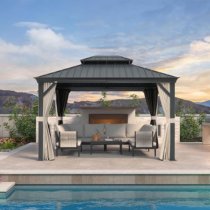 PURPLE LEAF 10' X 12' Hardtop Gazebo with Galvanized Steel Double Roof Outdoor Gazebos for Patio Lawn and Garden Included Netting and Beige Curtains