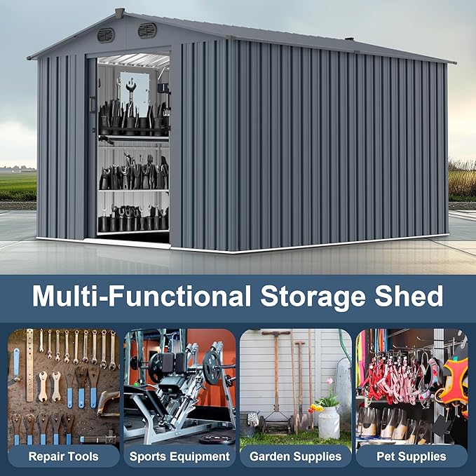 8x10 FT Outdoor Storage Shed,Large Metal Tool Sheds with Window and Lockable Doors, Garden Shed for Backyard Patio Lawn, Dark Grey
