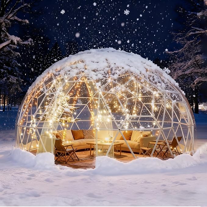 12FT Garden Dome Tent, Geodesic Dome Greenhouse with PVC Clear Cover, Waterproof Garden Bubble Dome Tent House with 2 x 10M Light Strings for Outdoor, Patio, Party