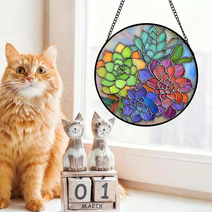 QZQCBLC Stained Glass Window Hanging Colorful Succulents 9.8" - Flowers Suncatcher Door Garden Sun Catcher Home Decor Birthday Christmas for Mom Men Woman Friends Nana Wife