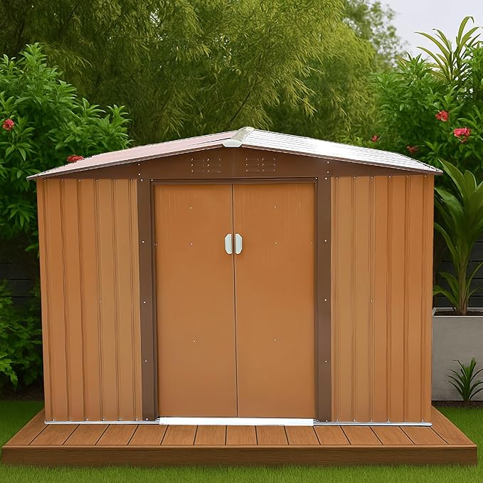 8x8 FT Outdoor Storage Shed Metal Garden Shed Updated Frame Structure with Lockable Sliding Door, Steel Anti-Corrosion Outside Sheds Waterproof for Backyard, Pool, Patio, Coffee