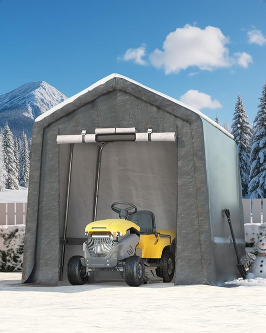 7X10 FT Heavy-Duty Portable Outdoor Storage Shed with Roll-Up Zipper Door & Vent, 240g Waterproof Carport Storage Shelter, UV-Resistant Canopy for Motorcycle, Firewood, Tools -Gray ﻿