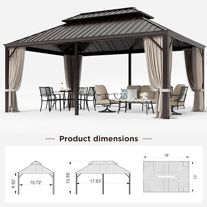 GREEN PARTY 12 X 18ft Hardtop Gazebo with Nettings and Curtains, Heavy Duty Double Roof Galvanized Steel, Outdoor Aluminum Gazebos Pergolas for Patios, Backyard, Deck, Garden, Lawns