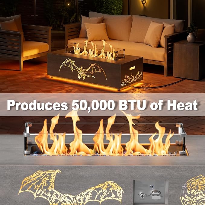 Dragon Fire Pit Table, 42 Inch Propane Gas Outdoor Fireplace with Dragon Pattern, 50,000 BTU Fire Table with Tank Side Table, Blue Fire Glass, Cover Included for Patio and Backyard
