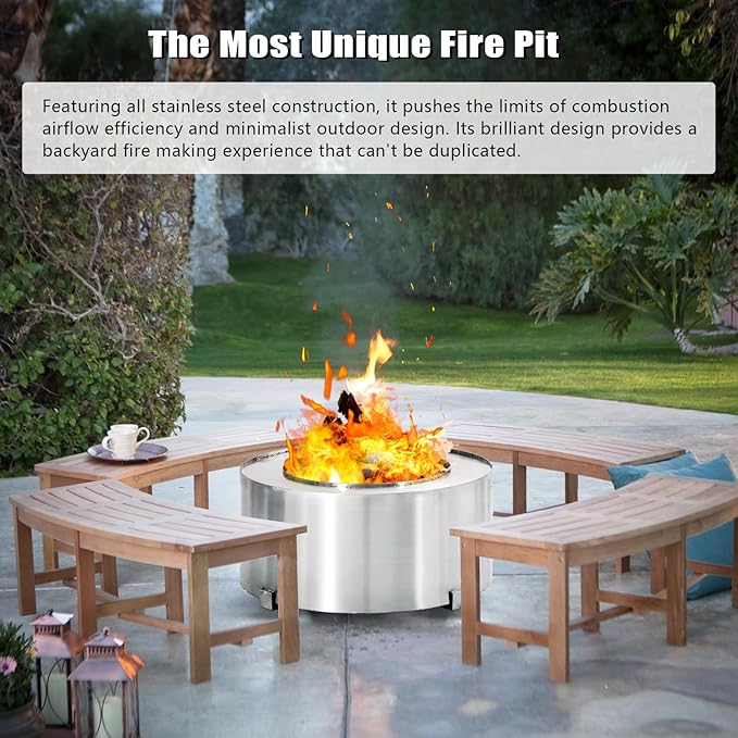 28.5" Smokeless Fire Pit, Stainless Steel Outdoor Firepit, Bonfire Fire Pit, Wood Burning Stove for Patio, Backyard, Camping