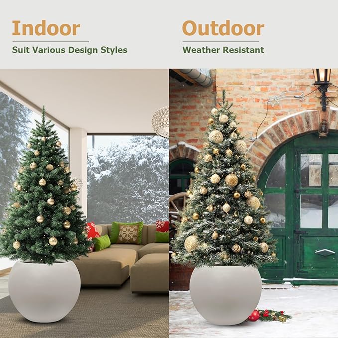 12.8" H x 16" D Globo Fiberstone Round Planter - Christmas Tree Planter, Smooth Finishes, Weather Resistant for Indoor & Outdoor Use, Included 2 Extra Coco Mats (Taupe, 10.7" Pot Opening)
