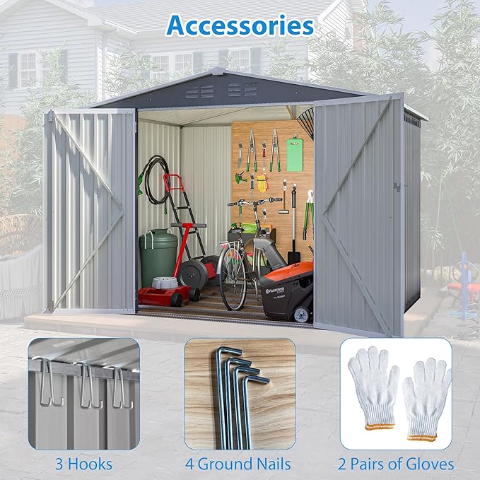 6x8 FT Outdoor Storage Shed, Metal Garden Shed with Frame Floor, Outside Tool Shed with Lockable Hinged Doors, Waterproof Storage Building with Sloped Roof for Backyard, Patio, Lawn, Gray
