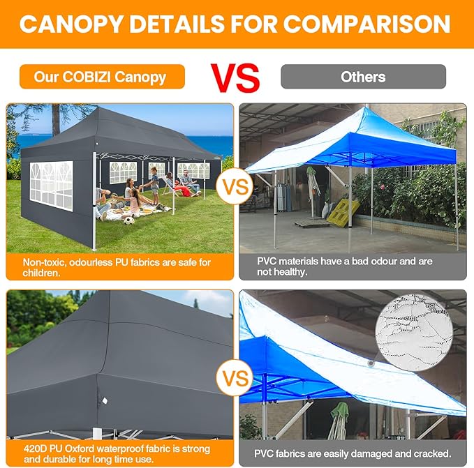 COBIZI 10x30 Pop up Canopy with 8 Removable Sidewalls, Outdoor Canopy Waterproof Commercial Tents for Parties Wedding, with Upgrade Raised Top Cover and Roller Bag, with 4 Sandbags(Gray)