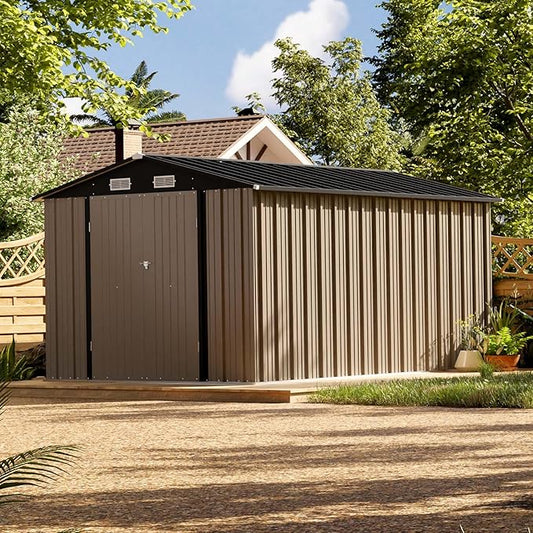Patiolife 8 x 12 FT Metal Storage Shed for Outdoor, Steel Shed with Design of Lockable Doors, Utility and Tool Storage for Garden, Backyard, Patio, Outside Use, Brown