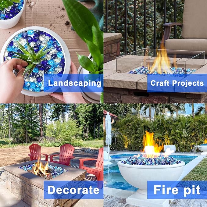 GasSaf Diamonds Fire Glass for Gas or Propane Fire Pit Fireplace & Landscaping 10-Pound 1 inch (Cobalt Blue, Caribbean Blue, Crystal Clear Luster)