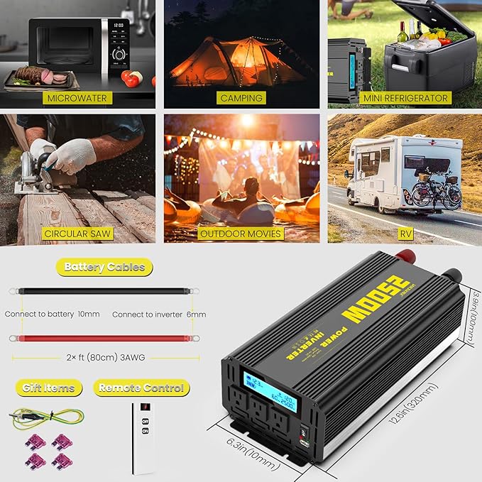 2500 Watt Modified Sine Wave Power Inverter, 12V DC to AC 110V/120V (Peak) 5000W Converter 3 Outlet Car Inverter with Remote Control and LED Display 3.4V USB Port