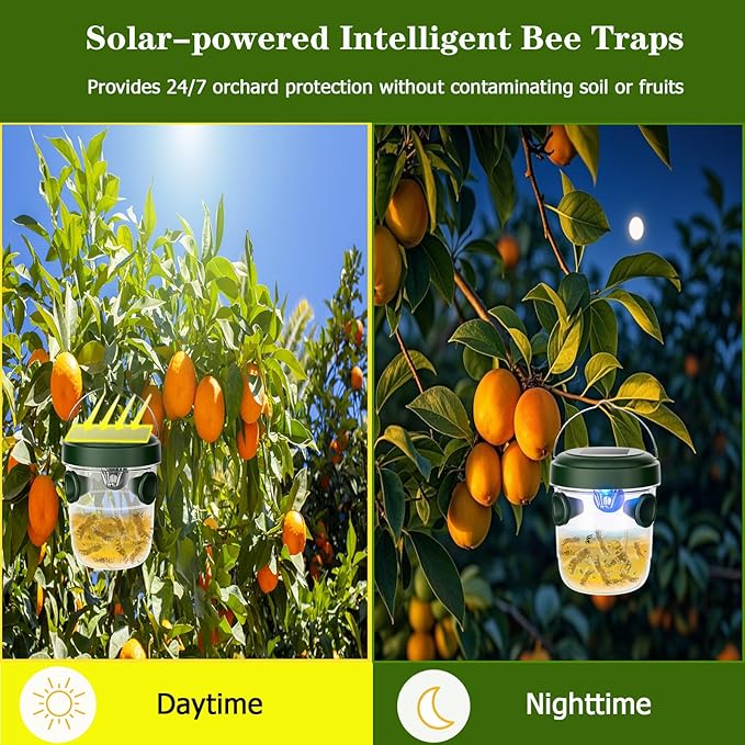 Wasp Traps Outdoor Hanging 2 Packs, Solar Powered Carpenter Bee Trap Yellow Jacket Hornet Catcher with LED Light, Reusable Wasp Deterrent Outdoor for Garden, Patio, Backyard, Camping