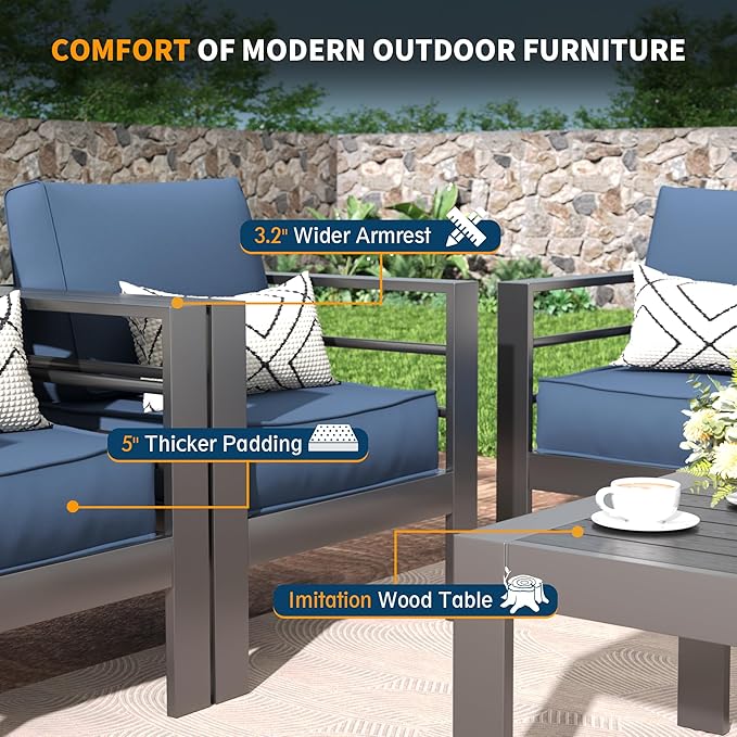 UDPATIO 10 Piece Aluminum Patio Furniture Set, Oversized Modern Outdoor Furniture Set with Olefin Fabric Cushion for Patio Deck Backyard, Dark Grey/Navy(with Waterproof Covers)