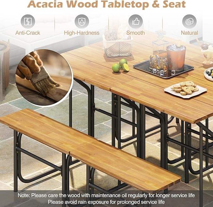 Tangkula Patio Dining Bench Set, Heavy-Duty Outdoor Acacia Wood Dining Furniture with Metal Legs for Balcony, Backyard, Poolside, Garden (1,32” x 27.5” x 29.5”)