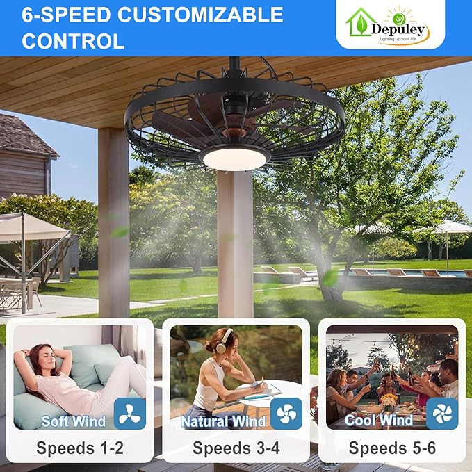 Depuley Gazebo Fans Outdoor Hanging: 20 Inch Black and Walnut Plug In Caged Outdoor Fan with Light and APP Remote Control - Waterproof Ceiling Fan for Patio Porch Pergola Reversible DC Motor