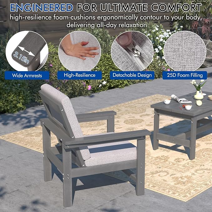 3-Piece HDPE Patio Furniture Set, All-Weather Outdoor Sectional Sofa Set with Side Table & Cushions - Wood-Like Composite Conversation Couch for Deck, Lawn, Balcony - Grey Frame