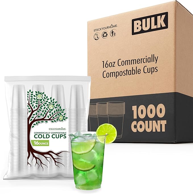 Stock Your Home Compostable Cold Cups 16 oz (1000 Pack), Plant Based Eco Friendly Disposable Cups for Water, Wine or Beer Samples
