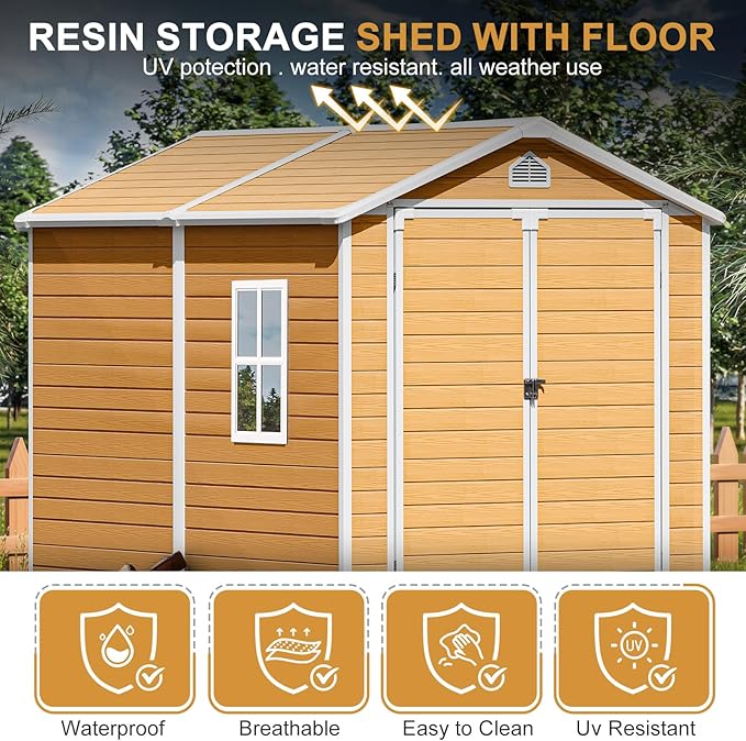 6x8 FT Plastic Resin Shed with Floor, All-Weather Storage Sheds Outdoor with Floor and Window Easy to Install, Large Plastic Sheds & Outdoor Storage for Garden & Backyard, Bright Yellow