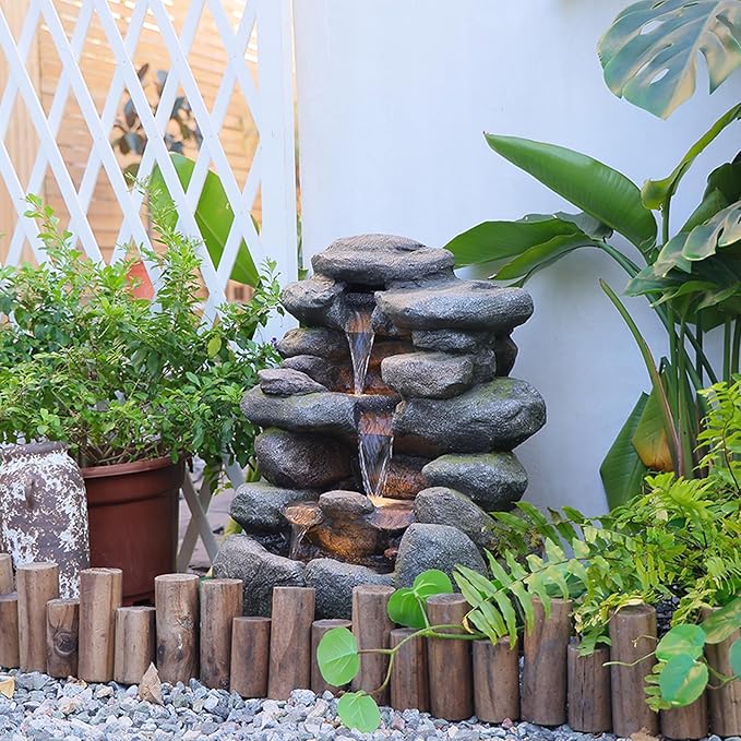 Bumilgar 23.4" H Garden Outdoor Rock Water Fountain with LED Lights, 4-Tier Cascading Waterfall Fountain, Faux Stone Resin Water Feature for Patio, Backyard & Home Decor