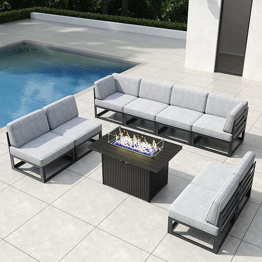 9 Pieces Aluminum Patio Furniture Set with Propane Gas 44" Fire Pit Table, Metal Outdoor Conversation Sofa Set with Seating Cushions