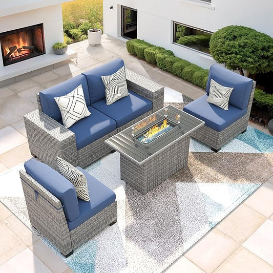 5 Piece Patio Furniture Set with Fire Pit Table, Outdoor Conversation Sets Grey Wicker Rattan Sectional Sofa, 4'' Thickened Cushion Navy Blue (Include Waterproof Cover)