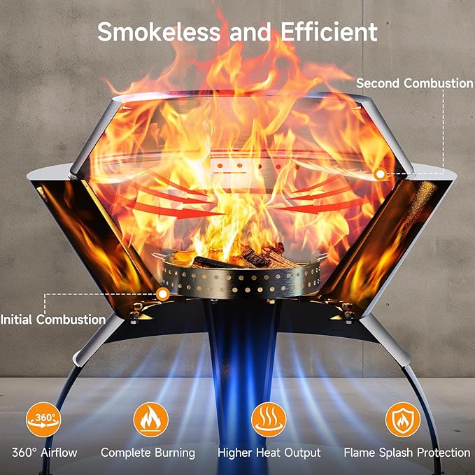 ONBRILL 26 Inch Smokeless Firepit, Outdoor Fire Pit with Waterproof Lid, Removable Ash Pan, Handbag, 2 in 1 Stainless Steel Potable Fire Pits for Outside Wood Burning, Bonfire, Camping, Picnic, Black