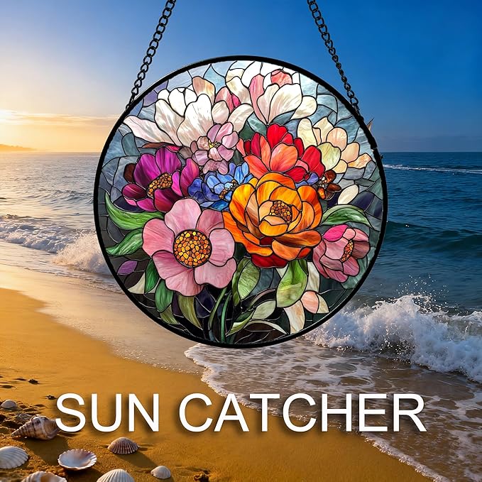 QZQCBLC Stained Glass Window Hanging Flowers and Wildflowers Large 15" - Suncatcher Door Garden Sun Catcher Home Decor Birthday Thanksgiving Christmas for Mom Woman Nana Friend