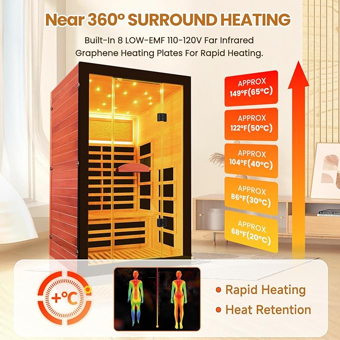 RIGO Far Infrared Sauna for Home 2 Person Sauna for Home Okoume Wood Red Sauna with Low EMF Infrared Sauna 2000W Dry Sauna 2 Person with 7 Colorful Light, Speaker and Tempered Glass Door