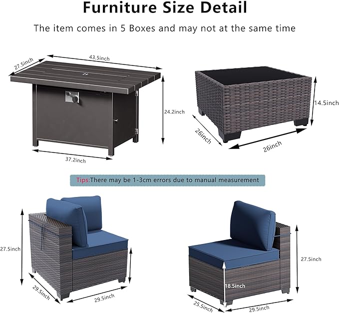 Outdoor Terrace Furniture Set, 8 Piece Outdoor Furniture Set, with 43 inch Aluminum 55003 BTU Propane fire Pit, PE Willow Vine Terrace Dialogue Set - Blue.