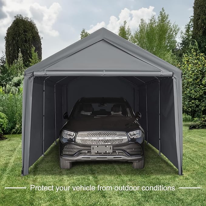 Carport 10x20ft Heavy Duty Canopy,Portable Garage Party Tent,Portable Garage with Removable Sidewalls & Doors All-Season Tarp for Car,Truck,Party Grey