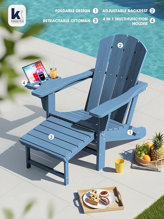 KINGYES Adjustable Folding Adirondack Chair with Footrest & 4-in-1 Multi-Functional Armrest Organizer Set of 4, HDPE Foldable Reclining Adirondack Chair with Pull-Out Ottoman, Blue