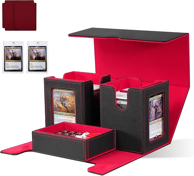 ZLCA Card Deck Box with Commander window Display, MTG Deck Box with Dice Tray Holds 200+ Double-Sleered Cards,Card Storage Case fit for YuGiOh,MTG,Sport (Black&Red)